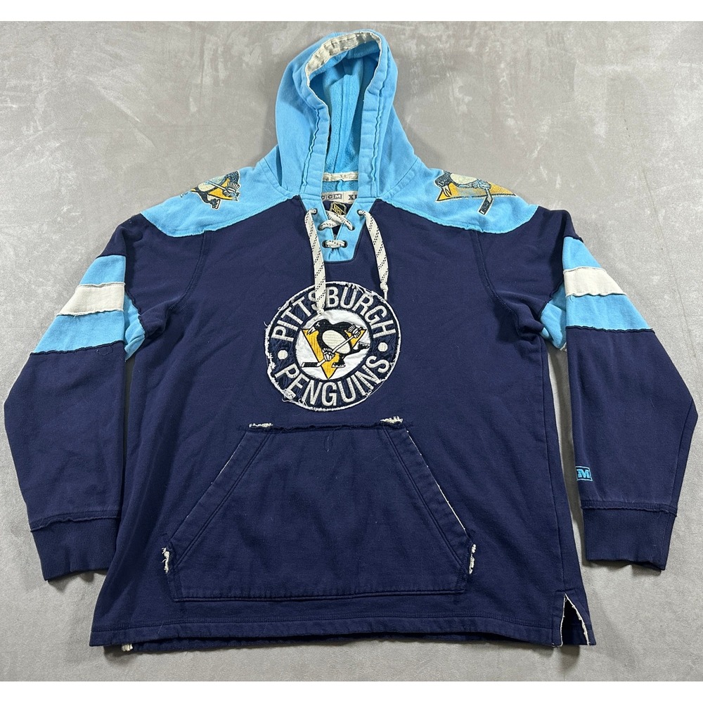 CCM Hoodie Mens Pittsburgh Penguins Lace Up NHL Vintage XL Blue